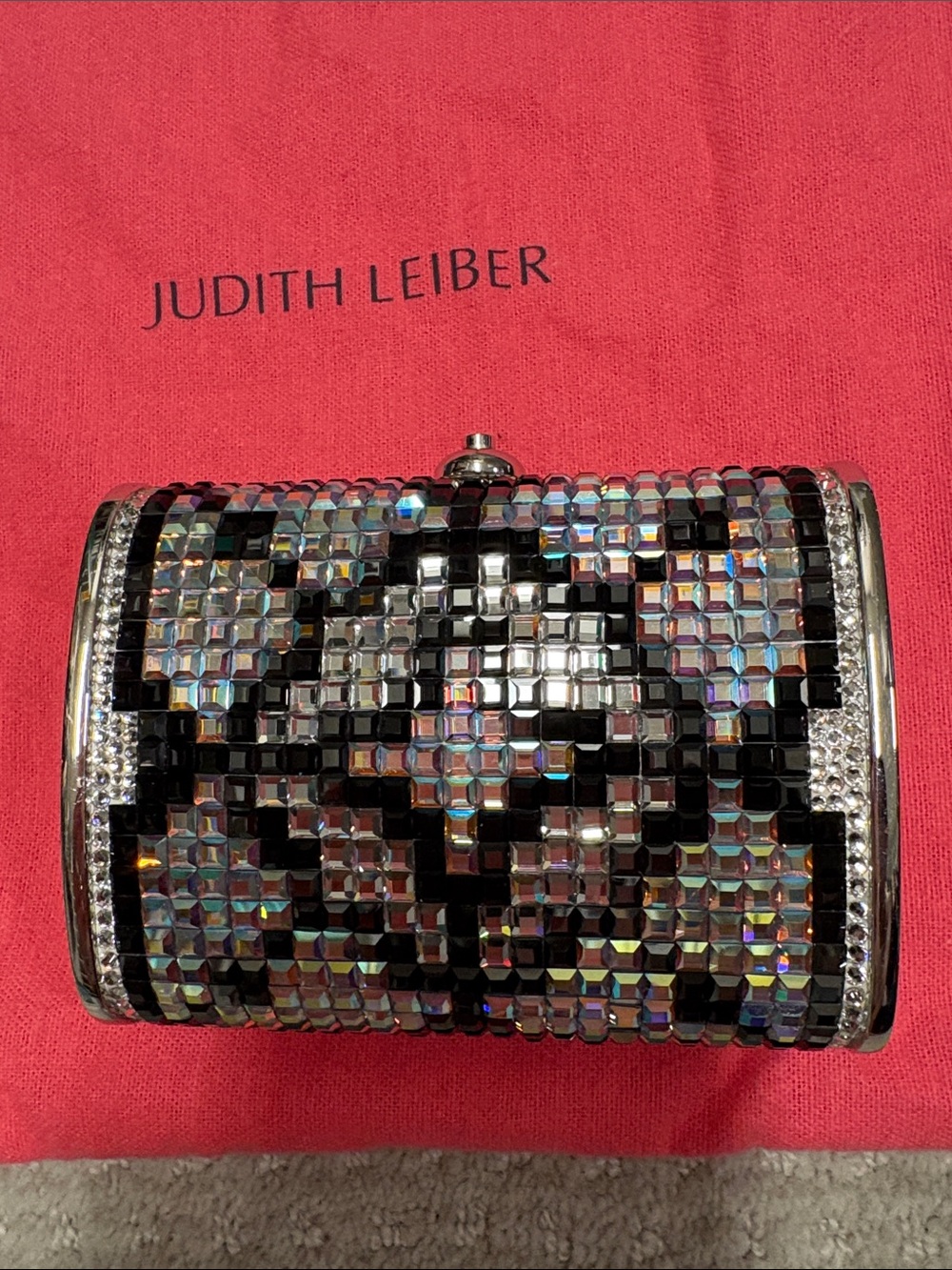Judith Leiber Black and Silver Mosaic Crystal Minaudière